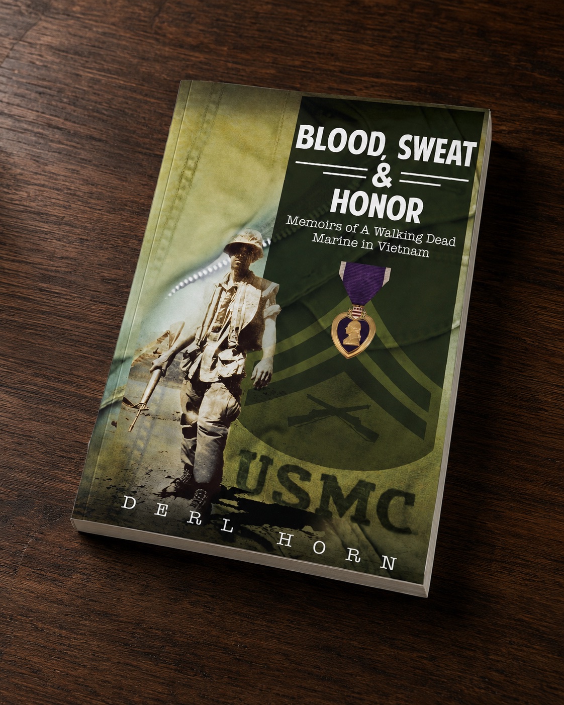 Product mockup of Blood, Sweat and Honor as a paperback on a wooden desk
